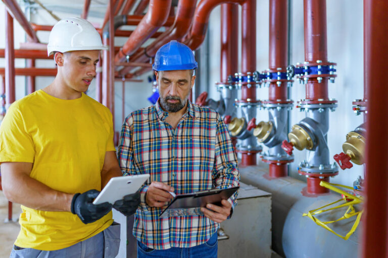 Ingenieure prüfen Heizungssystem im Industriebetrieb.